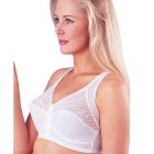 A blonde woman wearing a white Perfect Posture Bra with front fastener and lace detailing on the cups.