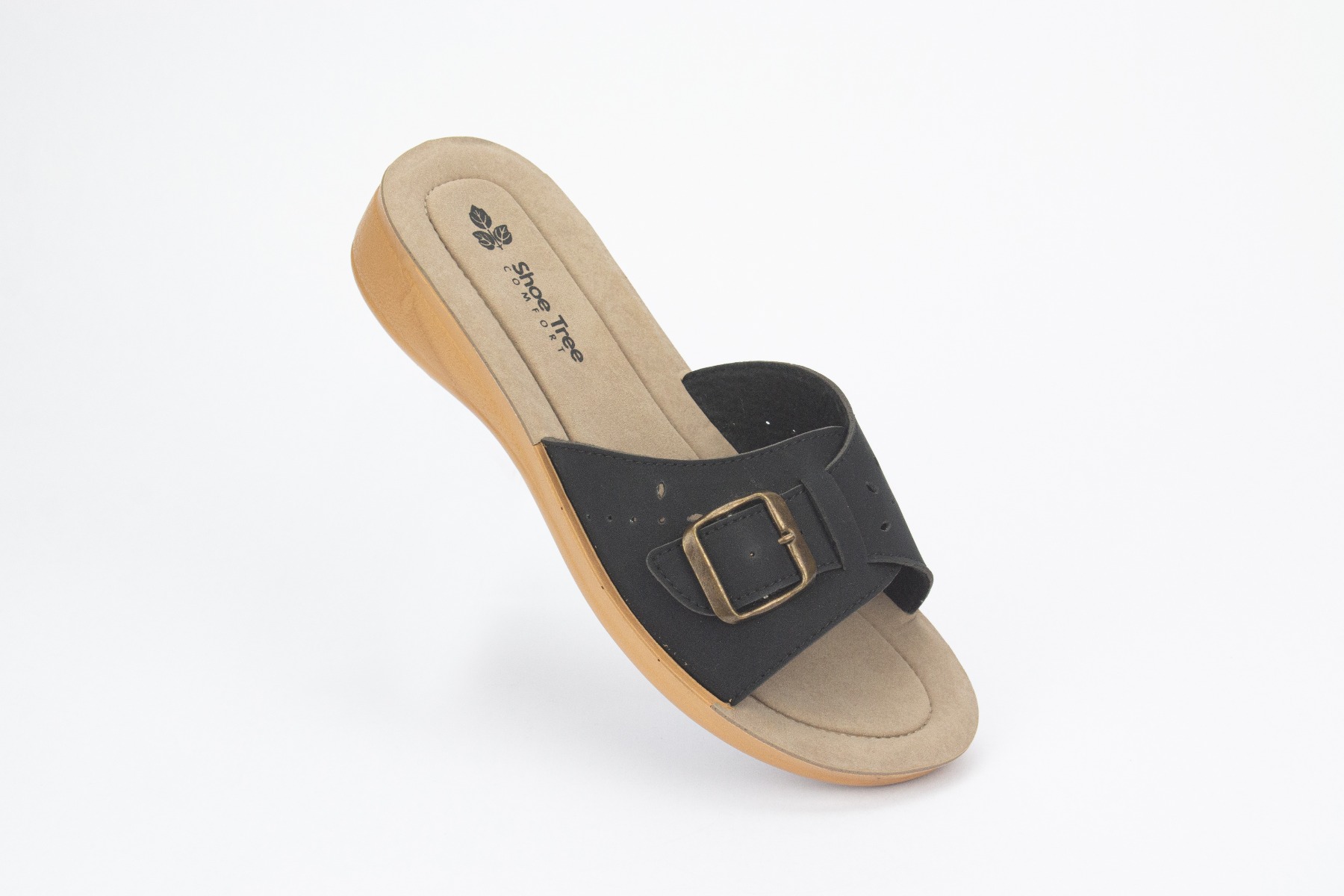 Black mule sandals with a buckle detailing.