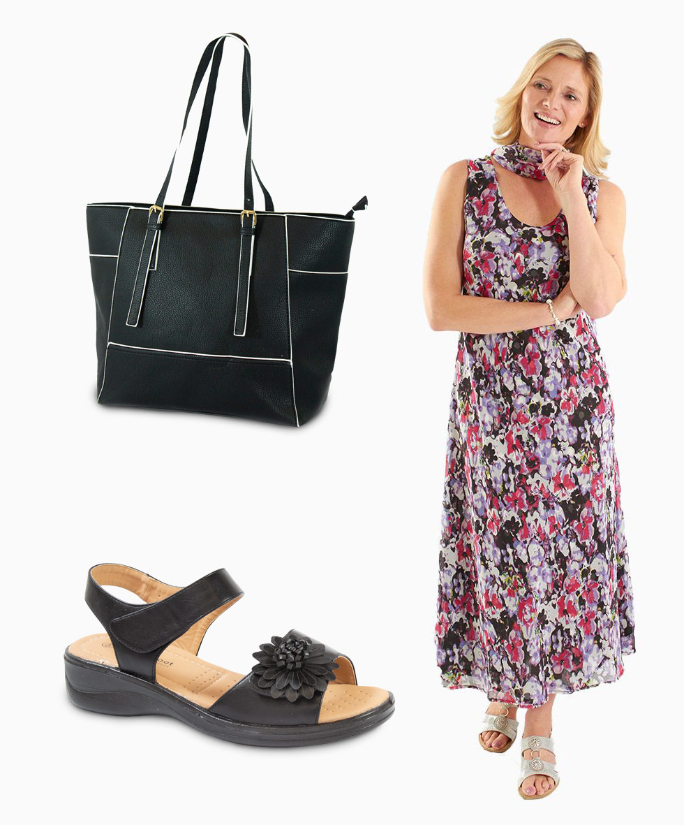 A dress, some sandals and a black handbag.