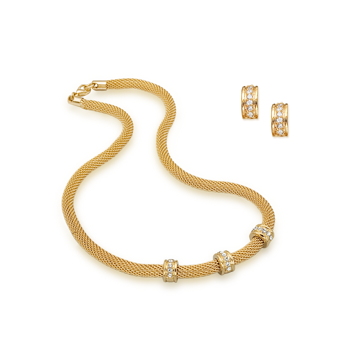 A gold tone mesh necklace with matching earrings.